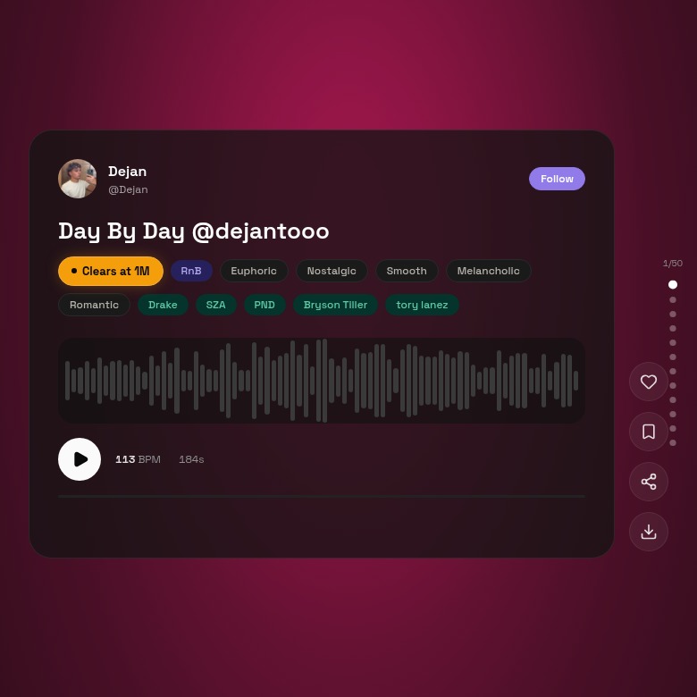 Loophole feed showing Day By Day by Dejan, a rose RnB glow, waveform and Clears at 1M licence badge